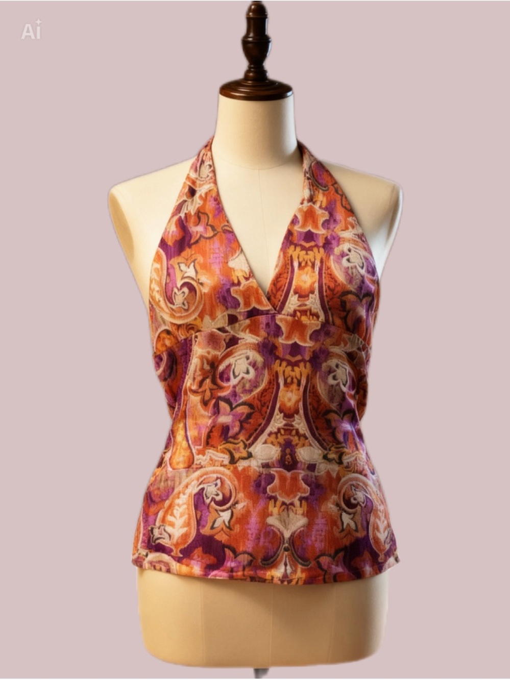 Halter V-Neck Print Top in Orange & Purple